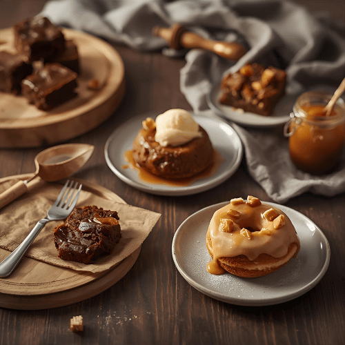 An aesthetic dessert spread featuring fudgy brownies, classic Sticky Date Pudding with warm butterscotch sauce and vanilla ice cream, and a mini signature caramel doughnut topped with caramel pieces – classic desserts by Sticky Bakes Australia.
