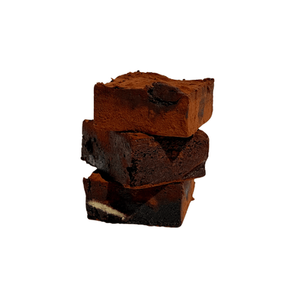 A stack of fudgy gluten free chocolate brownies.